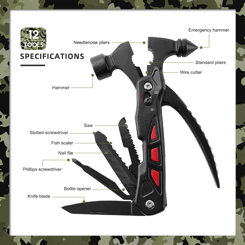12-in-1 Stainless Steel Survival Camping Stainless Steel Multi Tool Multi Hammer for Car Emergency