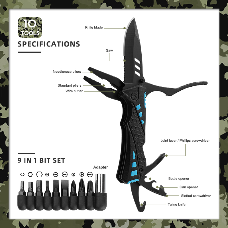 19-in-1 Multitool Pliers with 9-Piece Screwdriver Bit Set - Tactical Survival Folding Knife