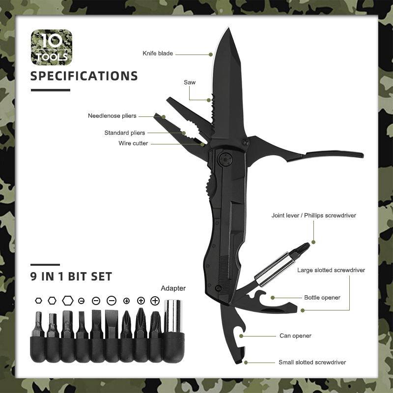 19-in-1 Tactical Multitool Pliers with 9-Piece Screwdriver Bit Set - All-Black Heavy Duty Multi Tool 