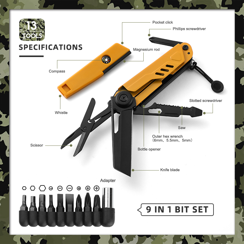 22-in-1 Tactical Multitool with 9-Piece Bit Set - Outdoor Survival Knife