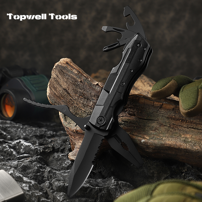 19-in-1 Tactical Multitool Pliers with 9-Piece Screwdriver Bit Set - All-Black Heavy Duty Multi Tool 