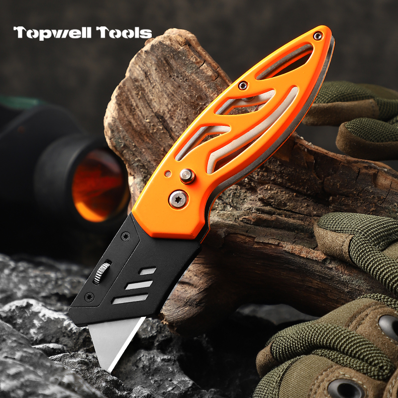 Heavy Duty Folding Utility Knife with High-Visibility Orange Aluminum Handle