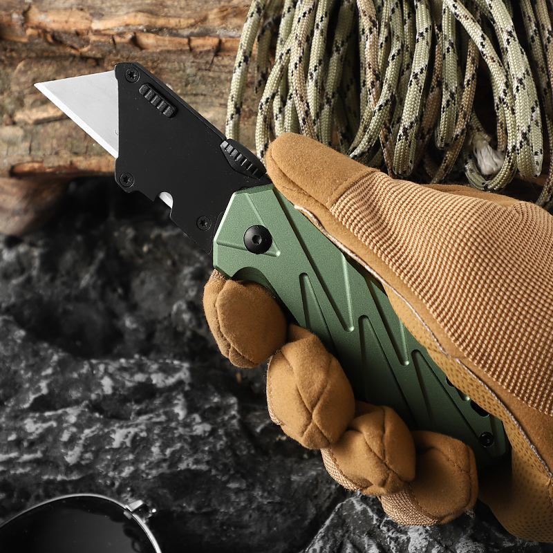 Tactical Folding Utility Knife with Forest Green Aluminum Alloy Handle