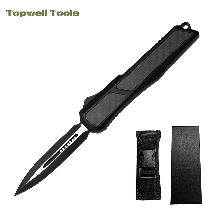 8.50" OTF Automatic Knife - 440 Stainless Steel Double-Edge Dagger Blade with Carbon Fiber Inlay Zinc Alloy Handle