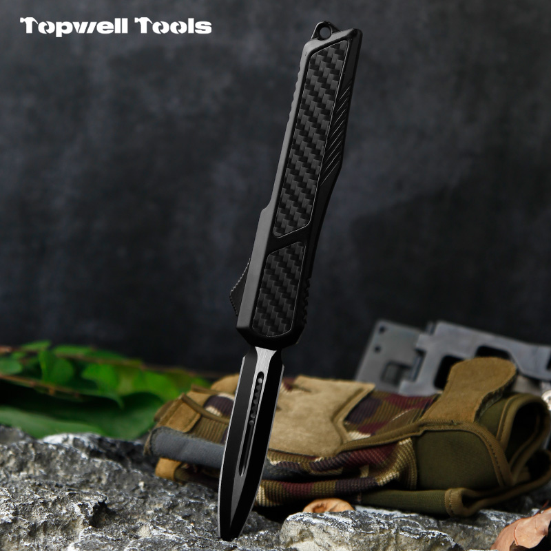 8.50" OTF Automatic Knife - 440 Stainless Steel Double-Edge Dagger Blade with Carbon Fiber Inlay Zinc Alloy Handle 8.50" OTF Automatic Knife - 440 Stainless Steel Double-Edge Dagger Blade with Carbon Fiber Inlay Zinc Alloy Handle