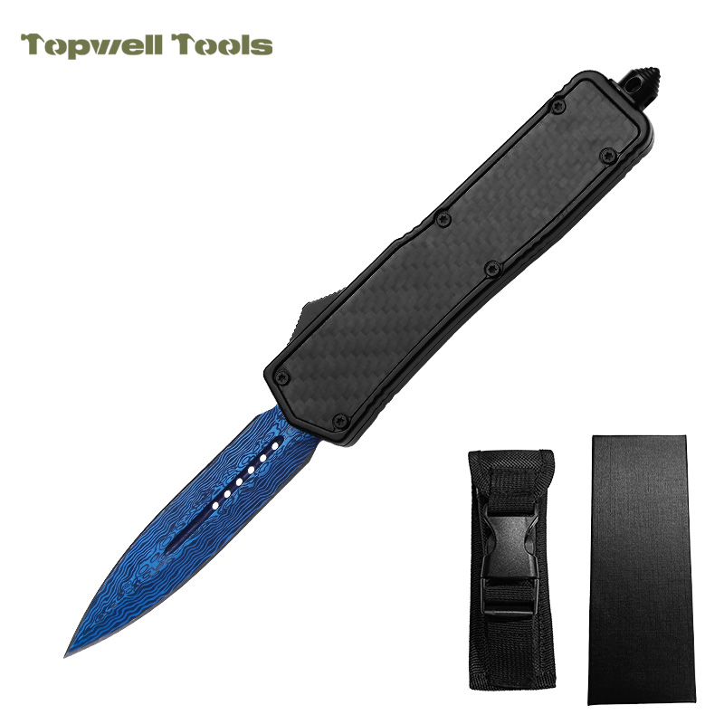 8.5" Carbon Fiber OTF Blue Automatic Dagger Blade Knife