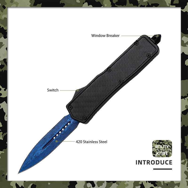 8.5" Carbon Fiber OTF Blue Automatic Dagger Blade Knife