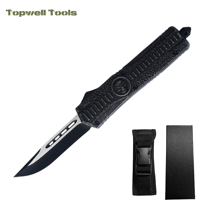 9" Automatic OTF Knife - 420 Stainless Steel Blade with Zinc Alloy Skull Handle & Window Breaker