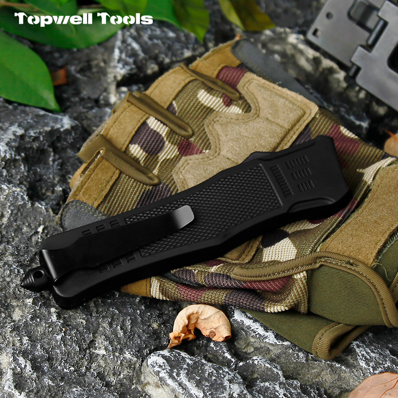 9" Automatic OTF Tactical Knife - Damascus Pattern 420 Stainless Steel Blade with Zinc Alloy Handle & Integrated Window Breaker