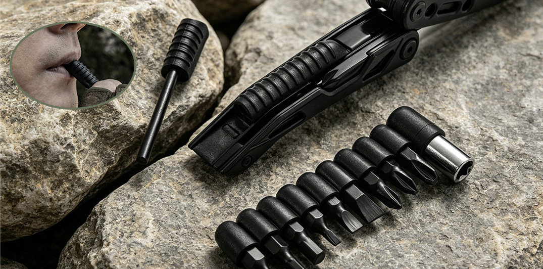 multi-tool with whistle and ferro rod