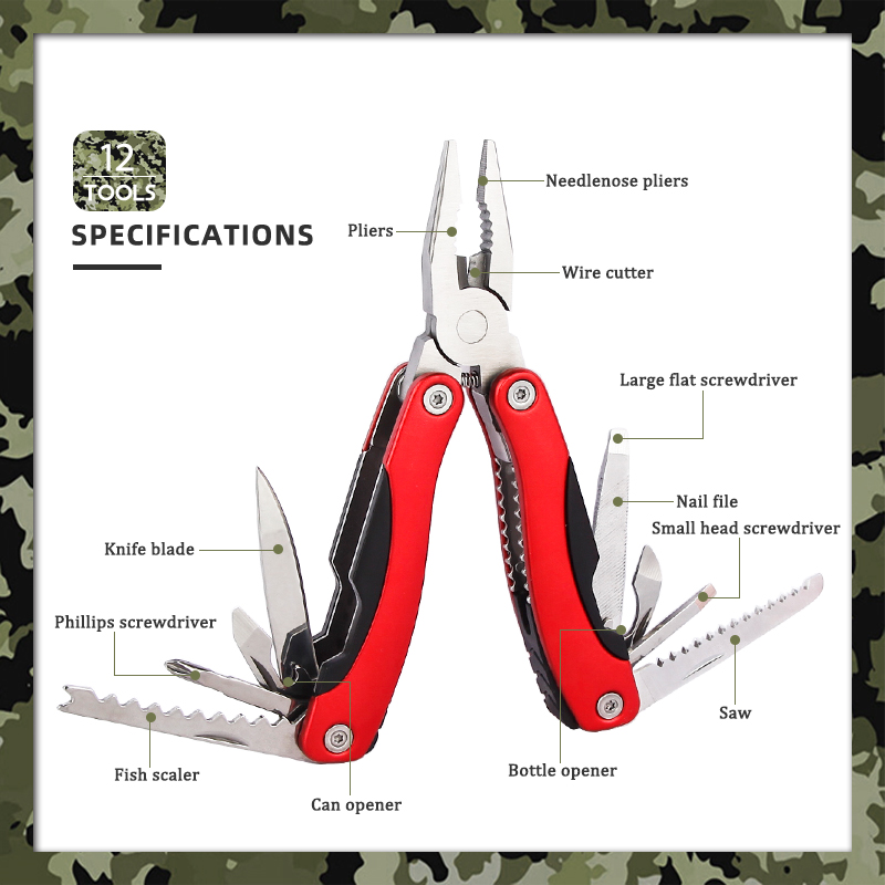 12-in-1 Red & Black Outdoor Multi-Tool Pliers 12-in-1 Red & Black Outdoor Multi-Tool Pliers