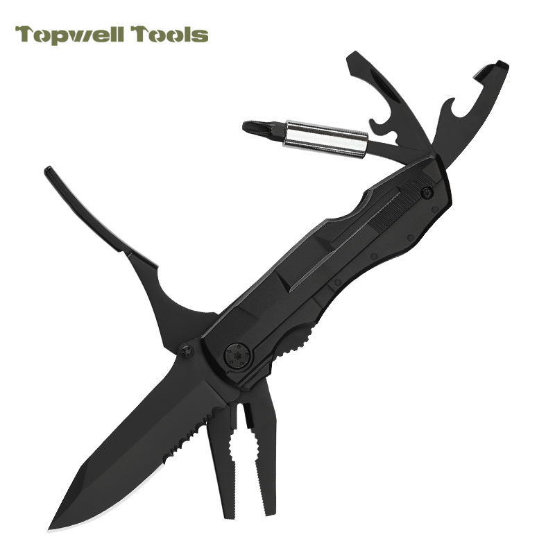 19-in-1 Tactical Multitool Pliers with 9-Piece Screwdriver Bit Set - All-Black Heavy Duty Multi Tool 