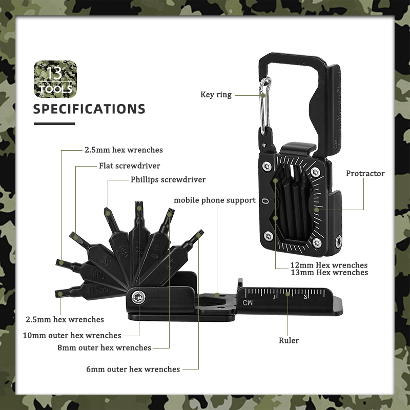 Compact Bike Maintenance Tool - Durable 2Cr13 Stainless Steel Cycling Multi-Tool with Keychain Clip, Protractor & Mobile Stand for Road & MTB